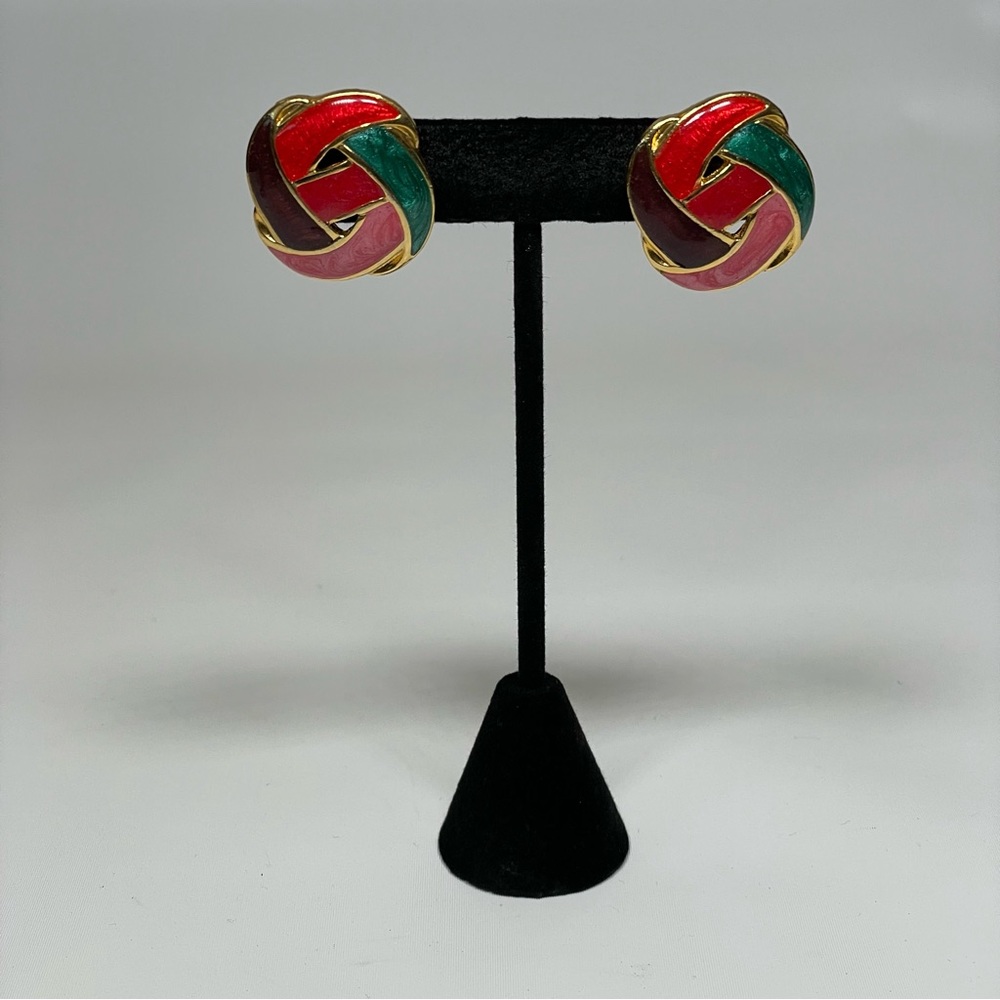 Vintage Goldtone Multicolor Pink Red Teal Maroon Intertwined statement Earrings - Picture 2 of 6